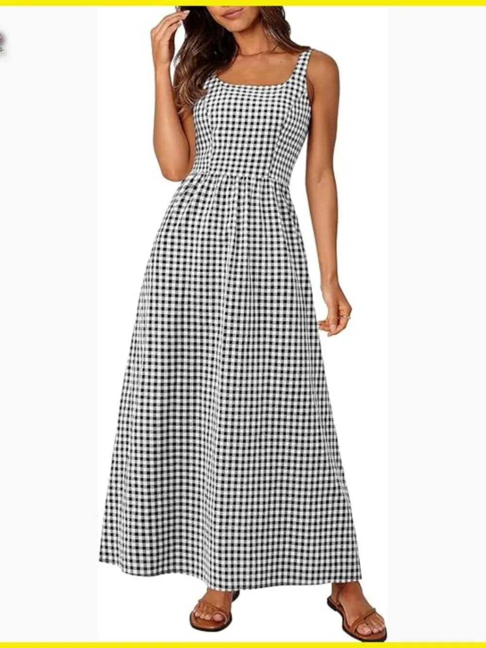 Plaid Square Neck Maxi Dress Spaghetti Strap A-Line Casual Beach Vacation